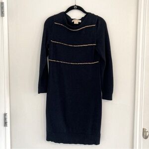 Michael Kors Navy Blue Knit Mini Dress with Gold Chain Detailing. Size Small